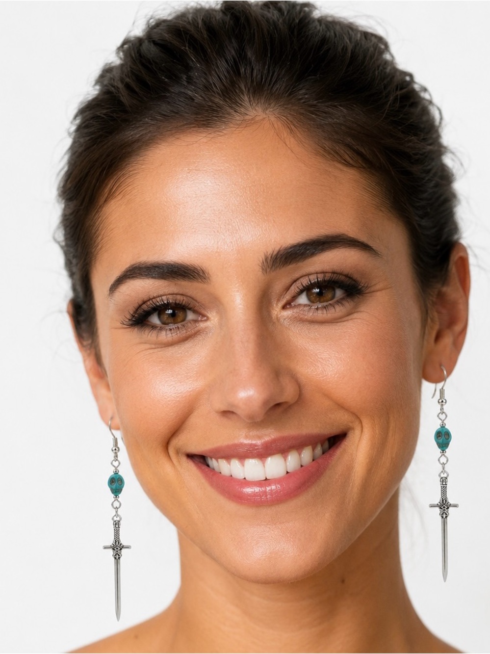 Silver Sword Drop Earrings with Mini Turquoise Skulls